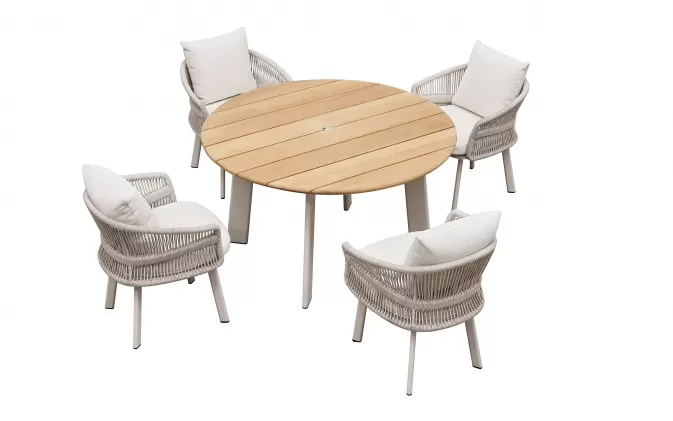 Beżowy okrągły luksusowy zestaw stół i 4 krzesła na taras AIO Higold