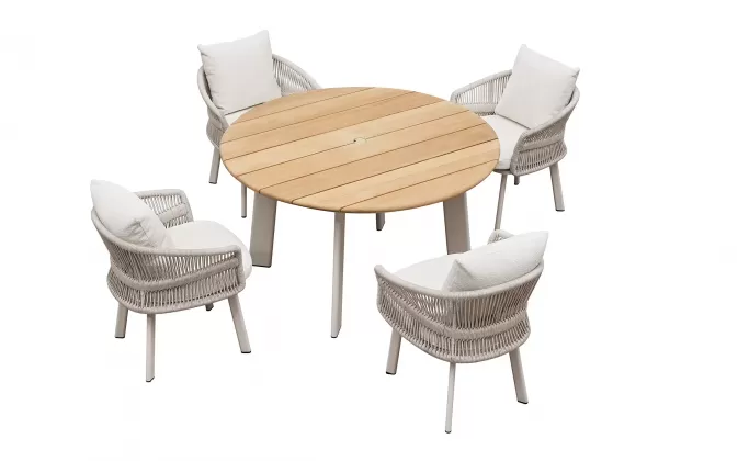 Beżowy okrągły luksusowy zestaw stół i 4 krzesła na taras AIO Higold