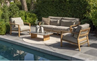 Ekskluzywny komplet wypoczynkowy tarasowy z drewna teak LUCAS 4SO grube poduszki Olefin