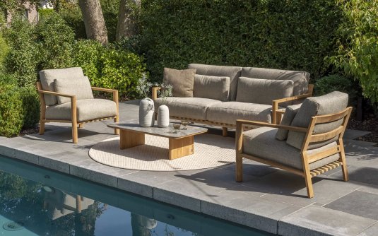 Ekskluzywny komplet wypoczynkowy tarasowy z drewna teak LUCAS 4SO grube poduszki Olefin