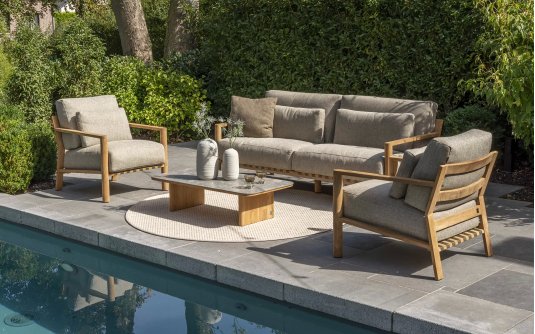 Ekskluzywny komplet wypoczynkowy tarasowy z drewna teak LUCAS 4SO grube poduszki Olefin