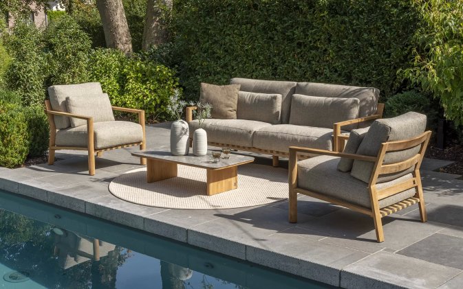 Ekskluzywny komplet wypoczynkowy tarasowy z drewna teak LUCAS 4SO grube poduszki Olefin