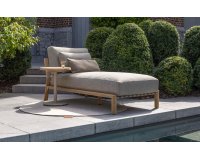 Szezlong ogrodowy z drewna tekowego LUCAS 4SO poduszki bezowe Olefin