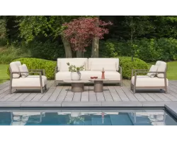 Meble wypoczynkowe na taras aluminiowe CAPRESI ciemnobrązowa rama i beżowe poduszki Olefin