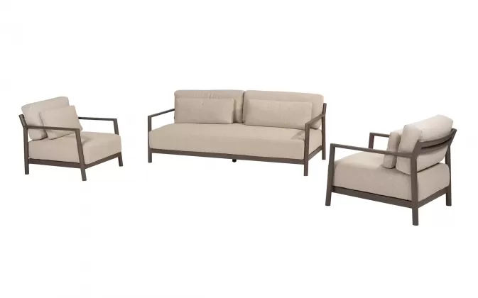 Meble wypoczynkowe na taras aluminiowe CAPRESI ciemnobrązowa rama i beżowe poduszki Olefin