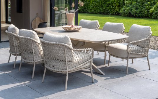 Niski beżowy komplet stołowy dla 6 osób SARDINIA 4SO blat ceramiczny