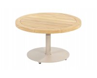 Okragły stolik kawowy na taras z blatem teak śr. 60 cm VOLTA 4SO noga beżowa