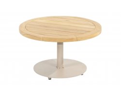 Okragły stolik kawowy na taras z blatem teak śr. 60 cm VOLTA 4SO noga beżowa