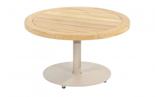 Okragły stolik kawowy na taras z blatem teak śr. 60 cm VOLTA 4SO noga beżowa Okragły stolik kawowy na taras z blatem teak śr. 60 cm VOLTA 4SO noga beżowa
