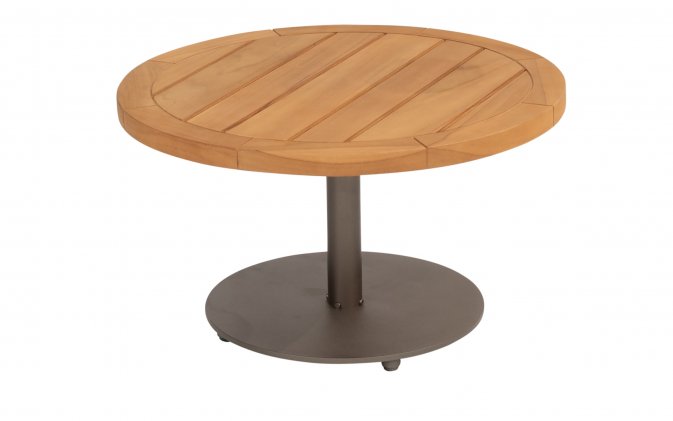 Okragły stolik kawowy na taras z blatem teak śr. 60 cm VOLTA 4SO noga brązowa