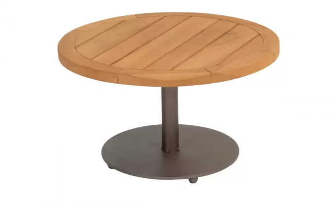 Okragły stolik kawowy na taras z blatem teak śr. 60 cm VOLTA 4SO noga brązowa