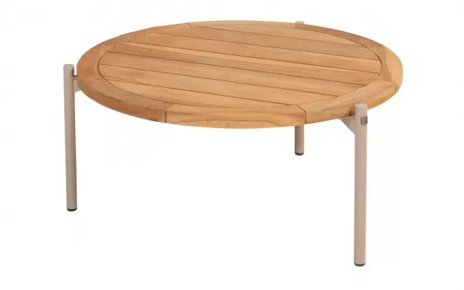 Okragły stolik kawowy na taras z blatem teak śr. 73 cm YOGA 4SO noga beżowa 