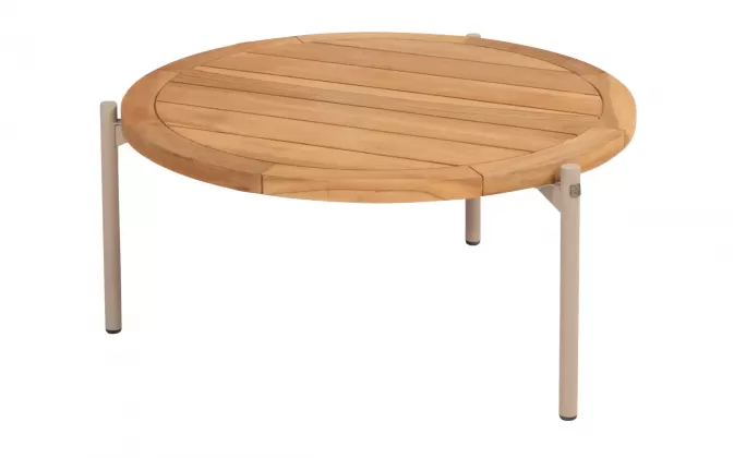 Okragły stolik kawowy na taras z blatem teak śr. 73 cm YOGA 4SO noga beżowa 