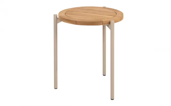 Okragły stolik kawowy na taras z blatem teak śr. 45 cm YOGA 4SO noga beżowa
