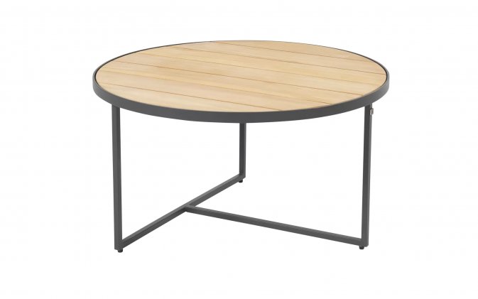 Okragły stolik kawowy na taras z blatem teak śr. 73 cm STRADA 4SO noga grafitowa