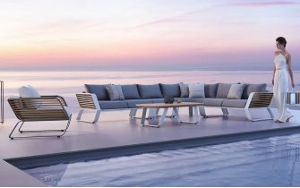 Nowoczesny narożnik ogrodowy wypoczynkowy WING Higold biały  / teak