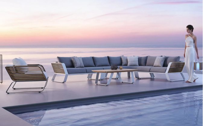 Nowoczesny narożnik ogrodowy wypoczynkowy WING Higold biały  / teak