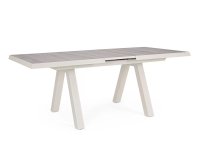 Aluminiowy jasnobeżowy stół na taras z blatem ceramicznym beżowym KRION 163-203 cm