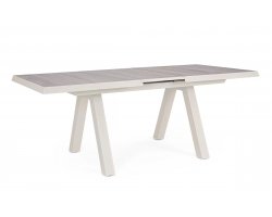 Aluminiowy jasnobeżowy stół na taras z blatem ceramicznym beżowym KRION 163-203 cm