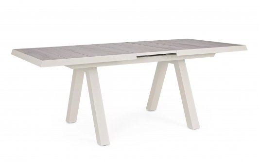Aluminiowy jasnobeżowy stół na taras z blatem ceramicznym beżowym KRION 163-203 cm
