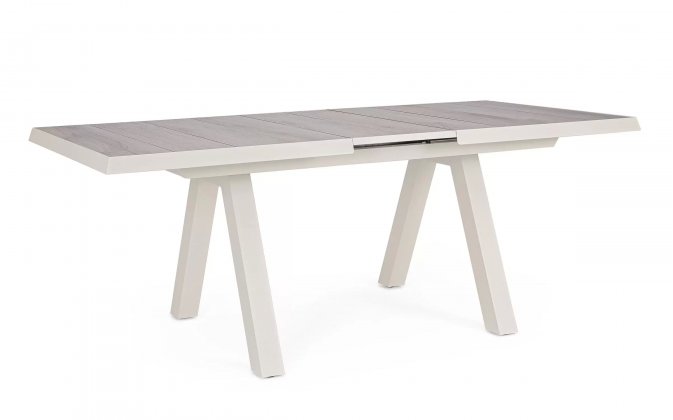 Aluminiowy jasnobeżowy stół na taras z blatem ceramicznym beżowym KRION 163-203 cm