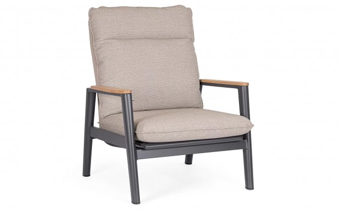 Fotel grafitowy na taras MIGUEL pochylane oparcie beżowe poduszki sznurek polipropylenowy