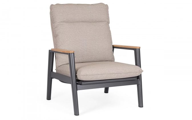 Fotel grafitowy na taras MIGUEL pochylane oparcie beżowe poduszki sznurek polipropylenowy