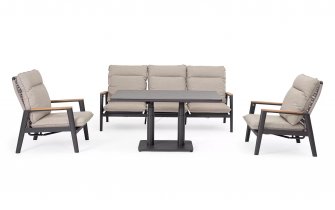 Komplet wypoczynkowt grafitowy na taras MIGUEL pochylane oparcia beżowe poduszki sznurek polipropylenowy blat kamienny podnoszony