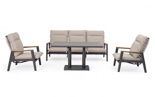 Komplet wypoczynkowt grafitowy na taras MIGUEL pochylane oparcia beżowe poduszki sznurek polipropylenowy blat kamienny podnoszony