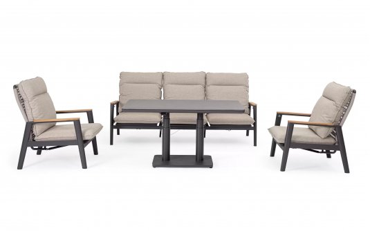 Komplet wypoczynkowt grafitowy na taras MIGUEL pochylane oparcia beżowe poduszki sznurek polipropylenowy blat kamienny podnoszony Komplet wypoczynkowt grafitowy na taras MIGUEL pochylane oparcia beżowe poduszki sznurek polipropylenowy blat kamienny podnoszony