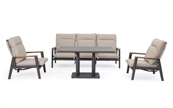 Komplet wypoczynkowt grafitowy na taras MIGUEL pochylane oparcia beżowe poduszki sznurek polipropylenowy blat kamienny podnoszony