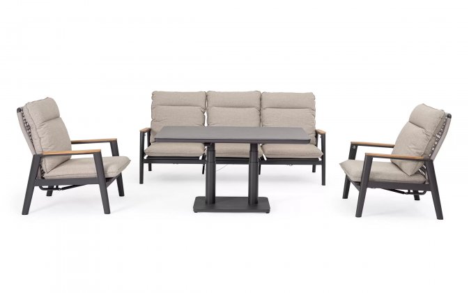 Komplet wypoczynkowt grafitowy na taras MIGUEL pochylane oparcia beżowe poduszki sznurek polipropylenowy blat kamienny podnoszony
