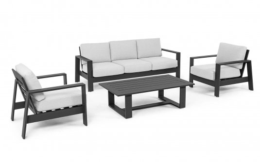 Ciemnoszare meble aluminiowe na taras z jasnoszarymi poduszkami BALTIC bizzotto