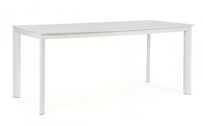 Biały stół aluminiowy na taras ogrodowy ALCORA 180x90 z blatem ze spiekanego kamienia