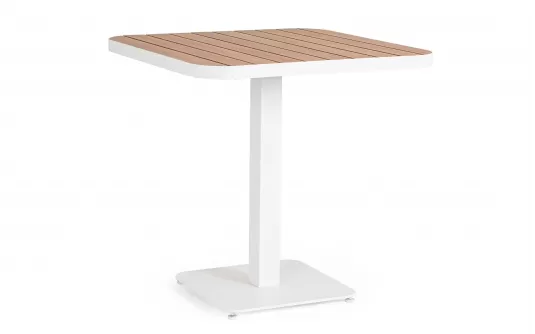 Kwadratowy biały stolik aluminiowy bistro BELMAR 75x75 blat z powłoką imitującą drewno