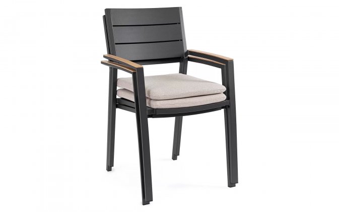 4x grafitowe sztaplowane aluminiowe krzesło ogrodowe z podłokietnikami imitacja drewna ZELMAR 