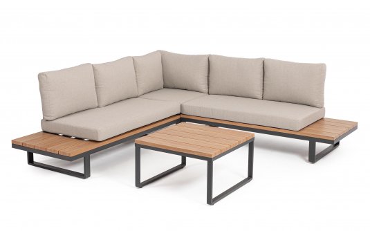 Aluminiowy grafitowy narożnik ogrodowy ZELMAR ze stolikiem i blatami imitującymi drewno