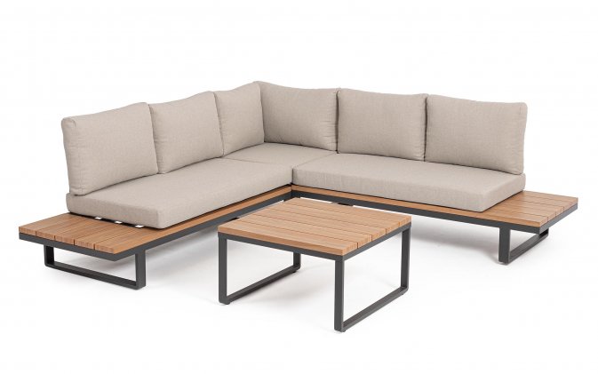 Aluminiowy grafitowy narożnik ogrodowy ZELMAR ze stolikiem i blatami imitującymi drewno