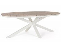 Stół ogrodowy owalnym kształcie aluminiowy nogi biało kremowe blad aluminium imitacja drewna powtarzanego zelmar 218x115 bizzotto