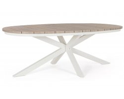 Stół ogrodowy owalnym kształcie aluminiowy nogi biało kremowe blad aluminium imitacja drewna powtarzanego zelmar 218x115 bizzotto
