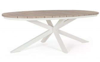 Stół ogrodowy owalnym kształcie aluminiowy nogi biało kremowe blad aluminium imitacja drewna powtarzanego zelmar 218x115 bizzotto