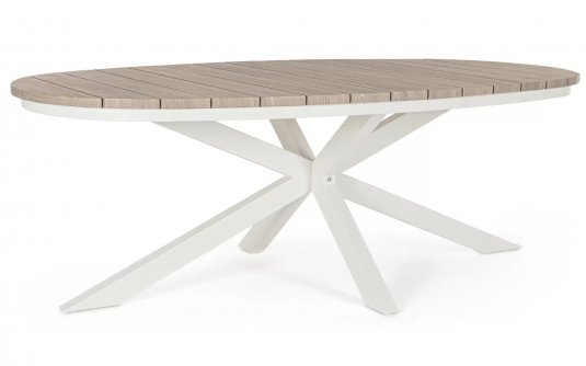 Stół ogrodowy owalnym kształcie aluminiowy nogi biało kremowe blad aluminium imitacja drewna powtarzanego zelmar 218x115 bizzotto