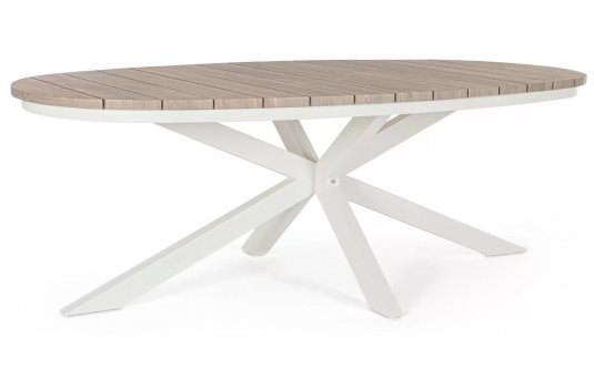 Stół ogrodowy owalnym kształcie aluminiowy nogi biało kremowe blad aluminium imitacja drewna powtarzanego zelmar 218x115 bizzotto