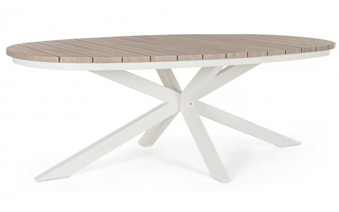 Stół ogrodowy owalnym kształcie aluminiowy nogi biało kremowe blad aluminium imitacja drewna powtarzanego zelmar 218x115 bizzotto