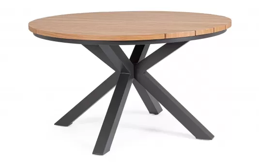 Okrągły stół aluminiowy grafitowy o średnicy 130 cm ZELMAR z blatem z powłoką drewnopodobną