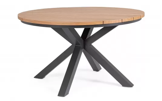 Okrągły stół aluminiowy grafitowy o średnicy 130 cm ZELMAR z blatem z powłoką drewnopodobną Okrągły stół aluminiowy grafitowy o średnicy 130 cm ZELMAR z blatem z powłoką drewnopodobną