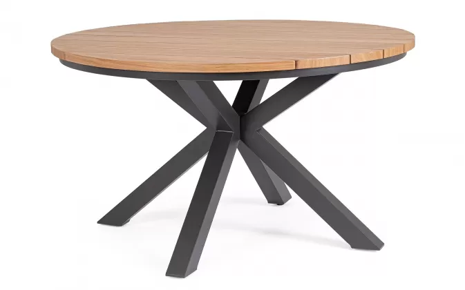 Okrągły stół aluminiowy grafitowy o średnicy 130 cm ZELMAR z blatem z powłoką drewnopodobną