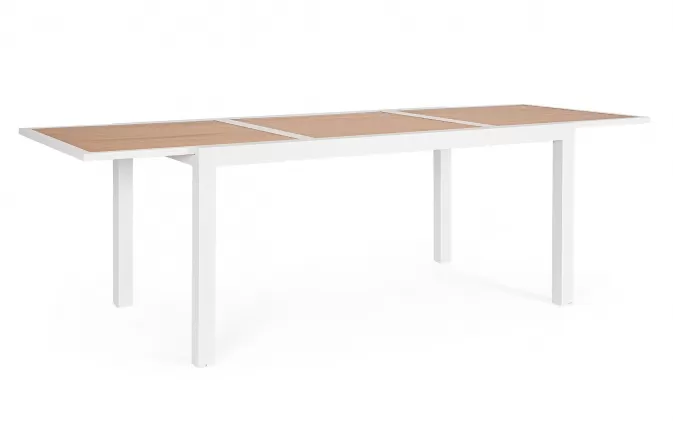 Biały ogrodowy stół aluminiowy rozkładany z blatem imitacja drewna 160-240 HILIJA bizzotto