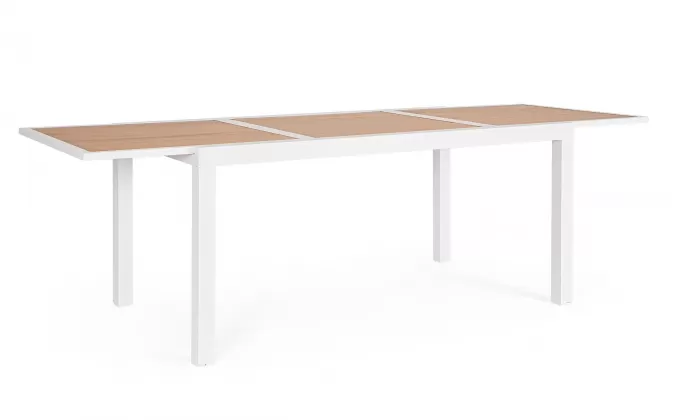 Biały ogrodowy stół aluminiowy rozkładany z blatem imitacja drewna 160-240 HILIJA bizzotto