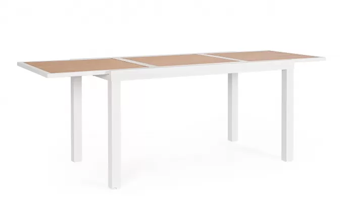 Biały ogrodowy stół aluminiowy rozkładany z blatem imitacja drewna 140-210 HILIJA bizzotto